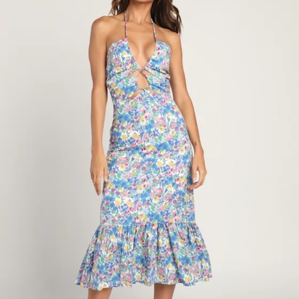NWT Lulu's Stun the Scene Blue Multi Floral Drawstring Halter Midi Dress